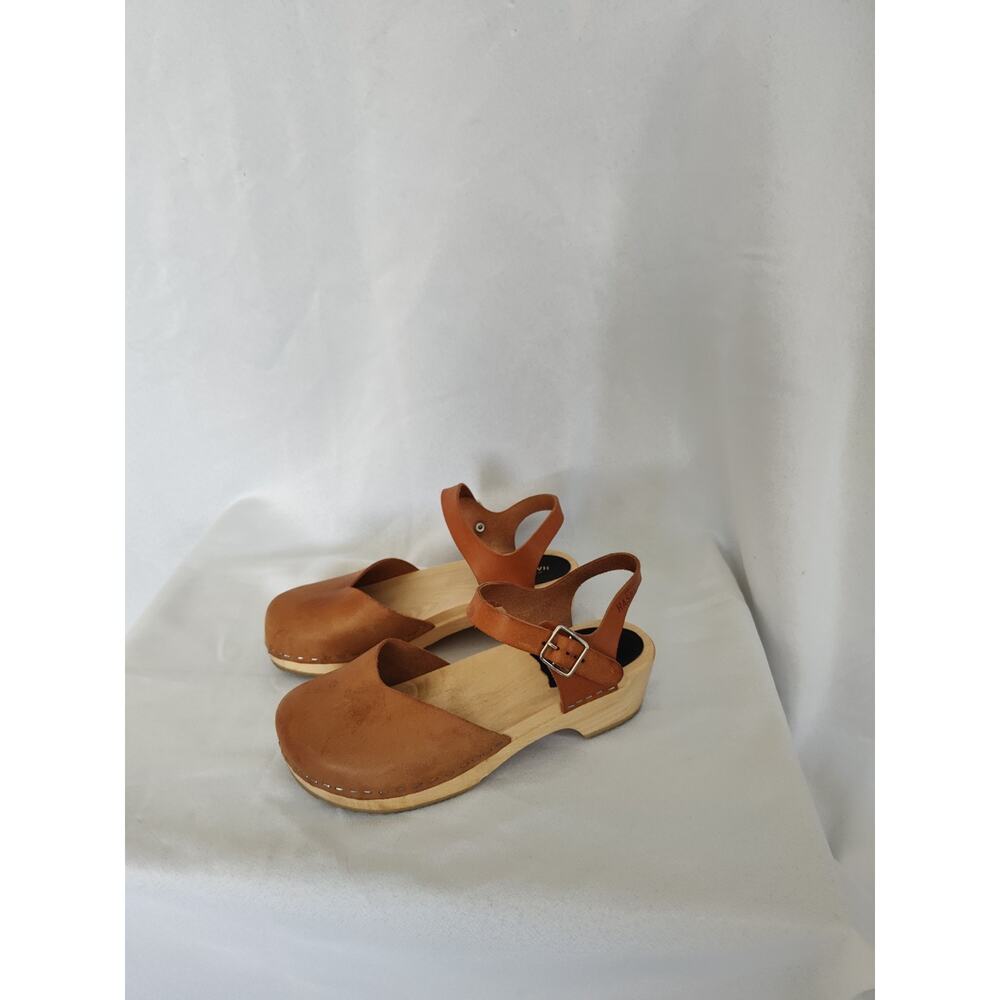Swedish Hasbeens Women’s Brown Leather Ankle Strap Buckle Wood Clogs US 7 - Picture 2 of 6
